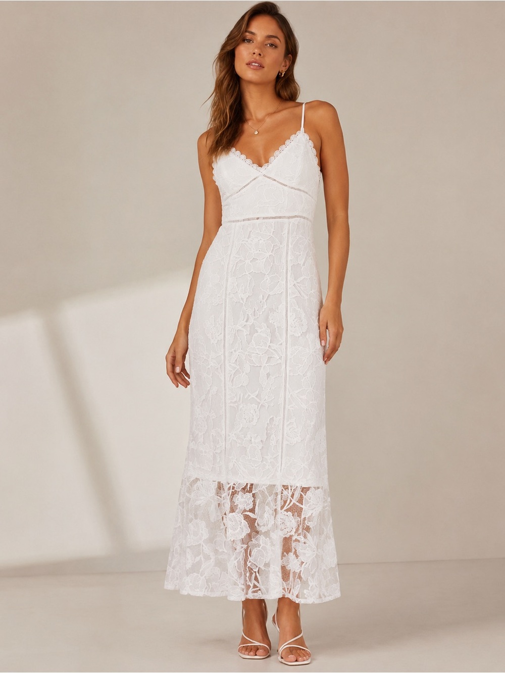 Lulu's White Lace Maxi Dress with Spaghetti Straps